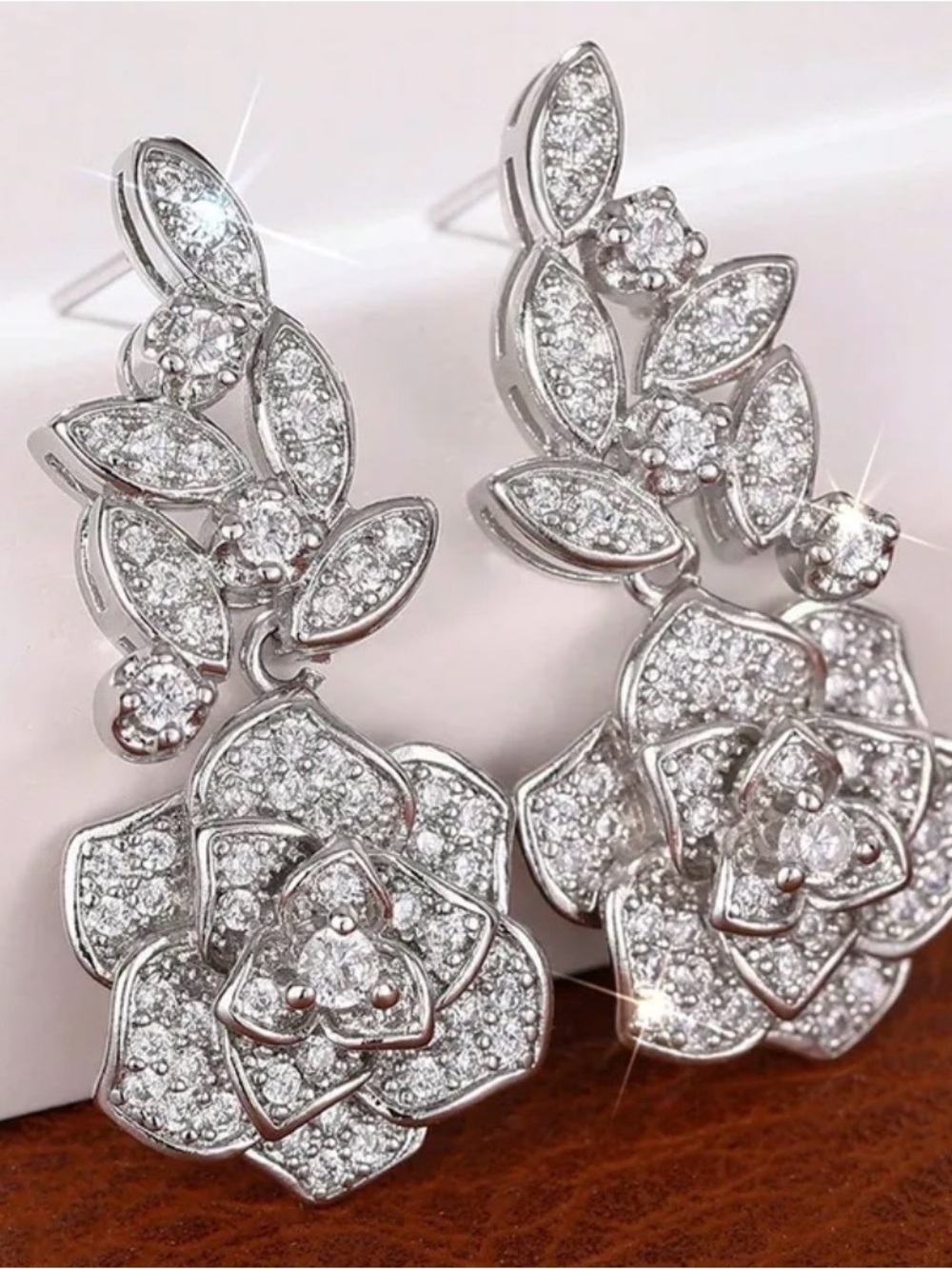Sparkling Silver Floral Drop Earrings - Clear Crystal Accents